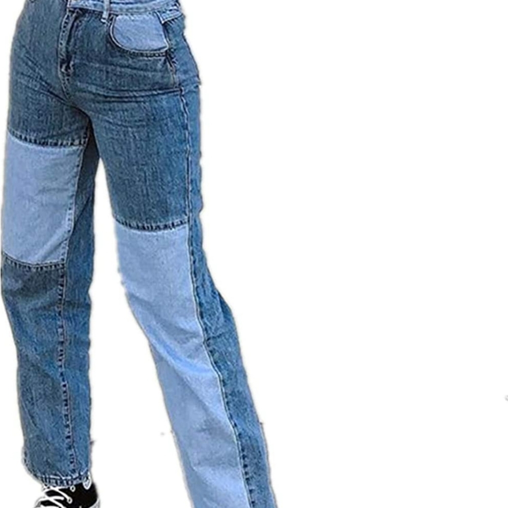 Women's Fashion Patchwork Straight Leg Denim Jeans Mid Waisted Retro Contrast